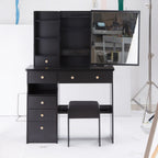 37' Middle Size Left Drawer Desktop Vanity Table + Cushioned Stool, Extra Large Right sliding mirror, Multi Layer High Capacity Storage, Practical Fashionable Dresser, Suitable For Large Space - Eloy Royal