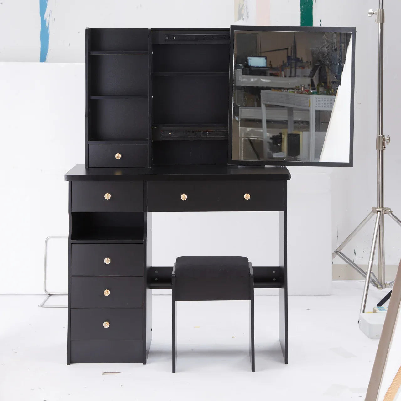 37' Middle Size Left Drawer Desktop Vanity Table + Cushioned Stool, Extra Large Right sliding mirror, Multi Layer High Capacity Storage, Practical Fashionable Dresser, Suitable For Large Space - Eloy Royal