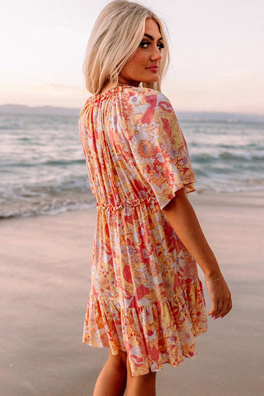 Orange Wide Flutter Sleeve V Neck Floral Dress - Eloy Royal