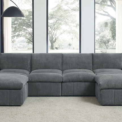 Corduroy Upholstered Sectional with Two Ottomans