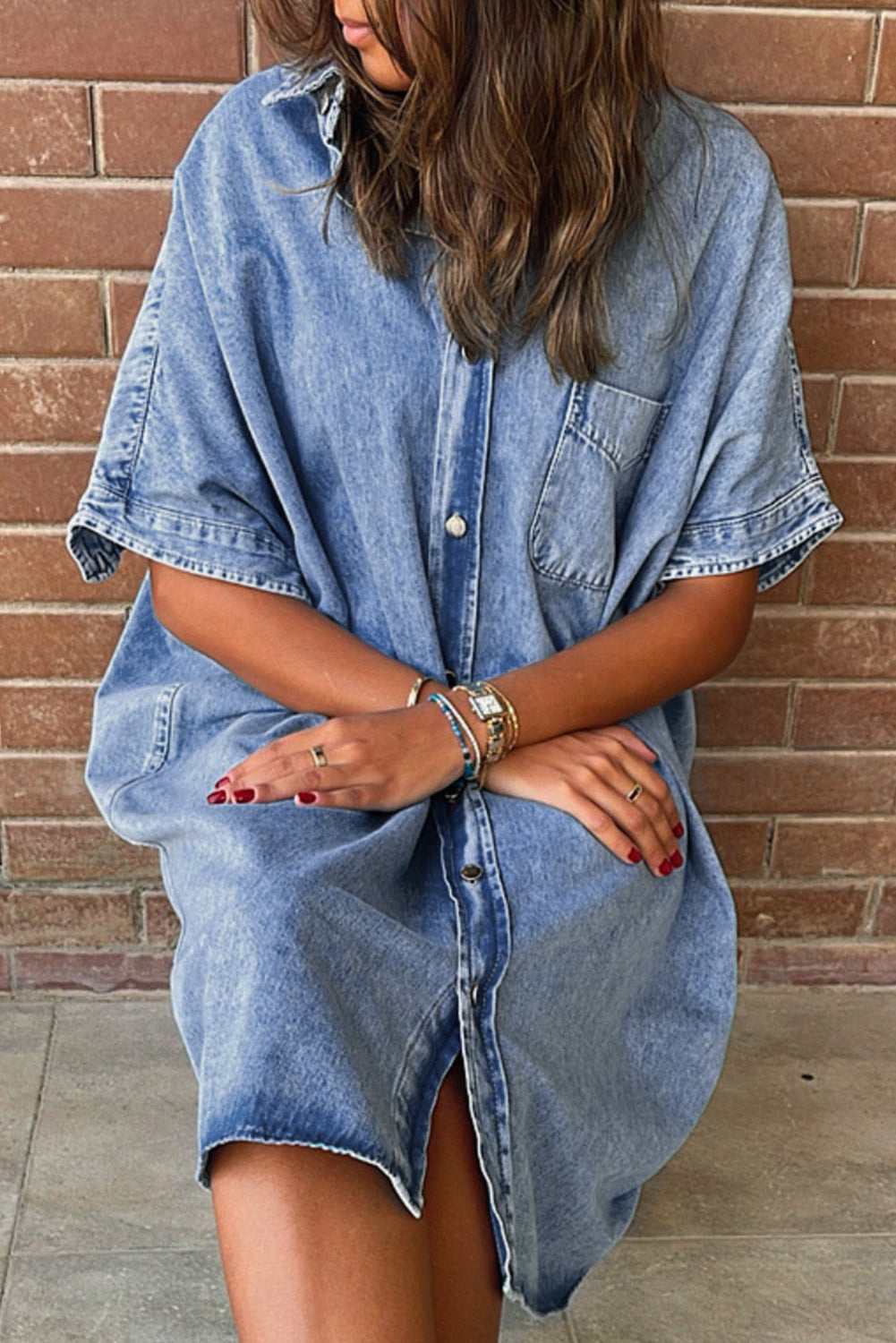 Light Blue Vintage Wash Loose Denim Shirt Dress - Eloy Royal