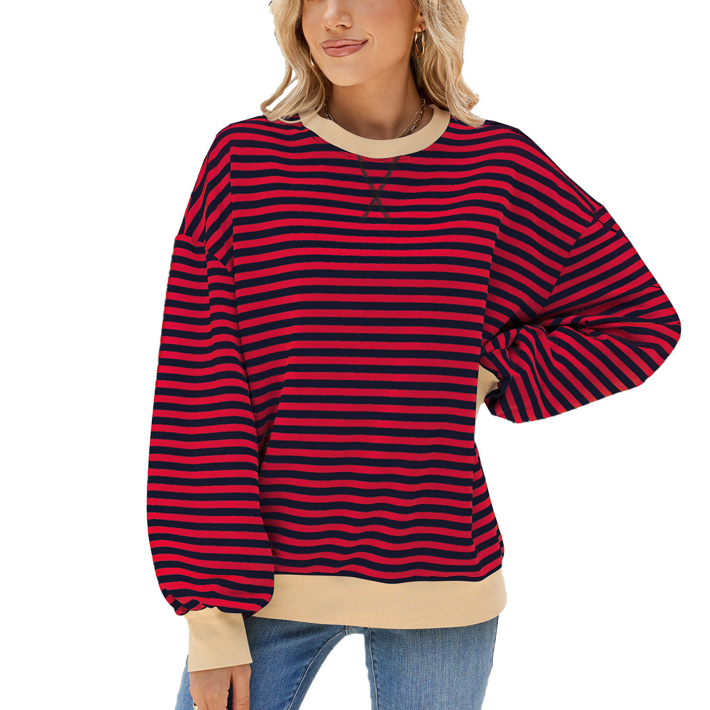 Women's Stripes Round Neck Contrast Color Loose Long Sleeve Sweatershirt