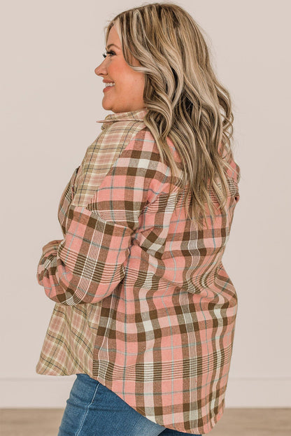 Pink Plaid Plus Size Color Block Long Sleeve Shirt with Pocket - Eloy Royal