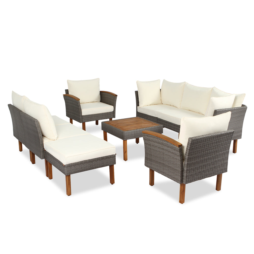 Alessia 9-Piece Wicker and Acacia Sectional Set, Beige