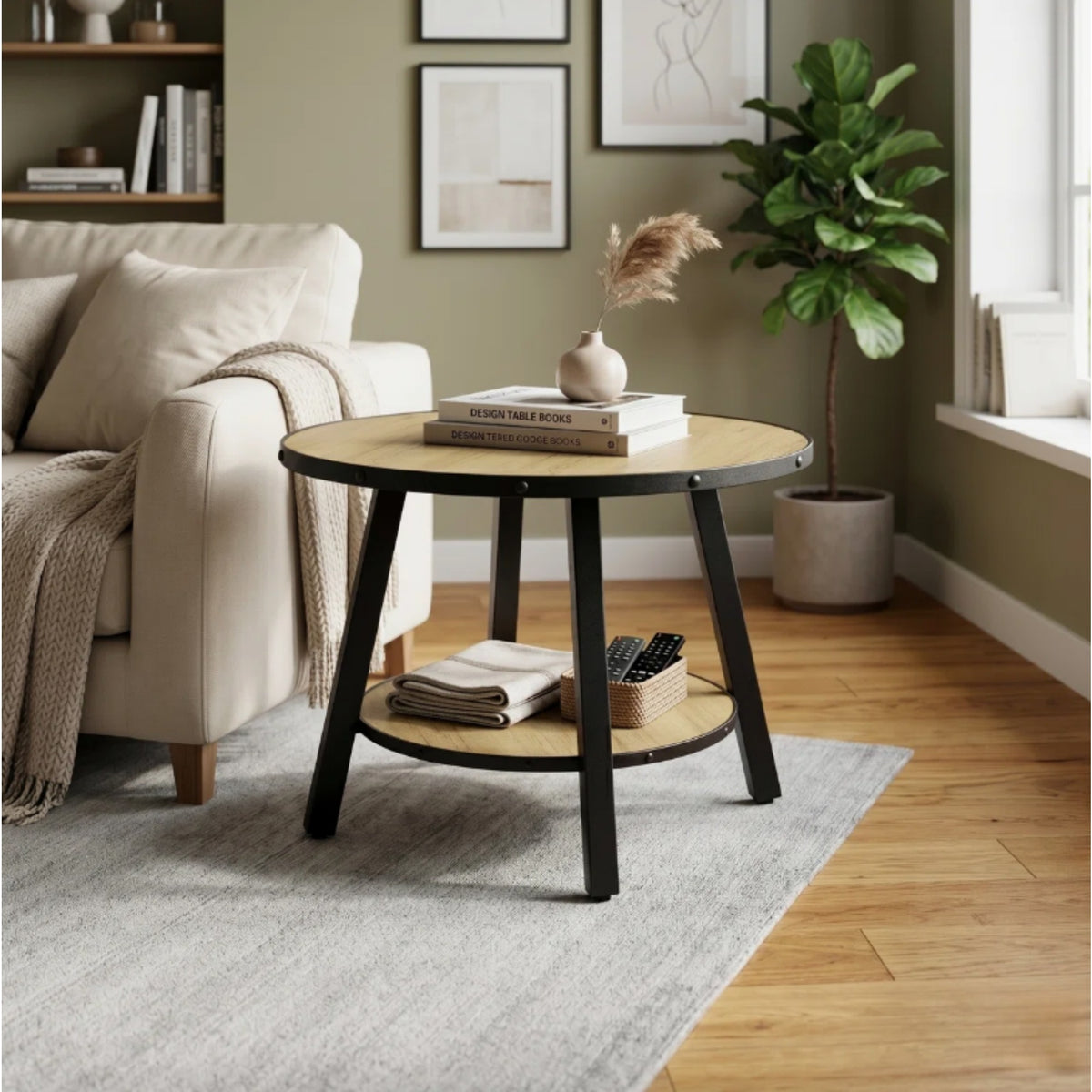 23.6'' Modern Round End Table with 4-Legsa&2-Tier Storage Shelves For Living Room&Bedroom