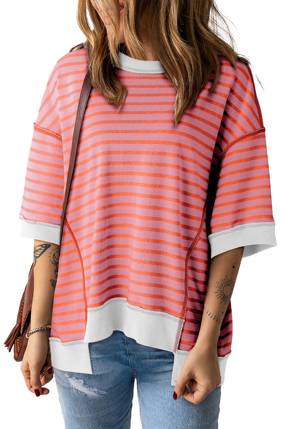 Pink Stripe Colorblock Drop Sleeve Loose Top - Eloy Royal