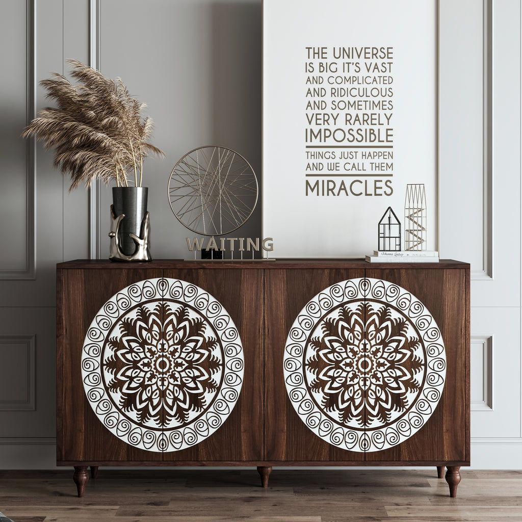 60' Vintage Mandala Carved Walnut Grain Sideboard, 4 Door Boho Buffet Cabinet, Mid-Century Elevated Legs Storage Credenza for Entryway, Dining Room, Living Room