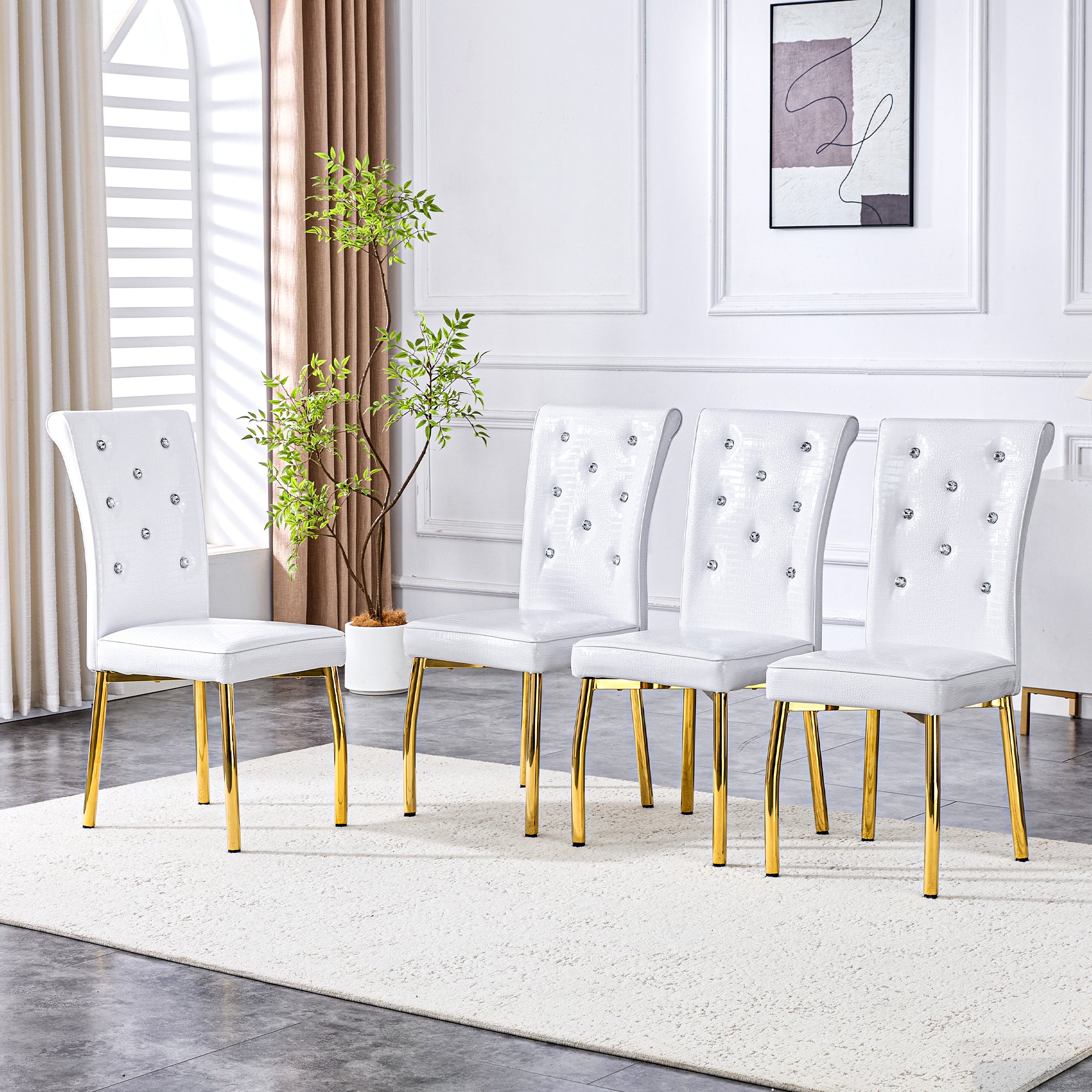 Set of 4,Retro alligator skin Upholstered dining chairs,with Crystal buckle design and Faux Leather design,a touch of elegance and mystery to the dining area.Gold plated metal feet