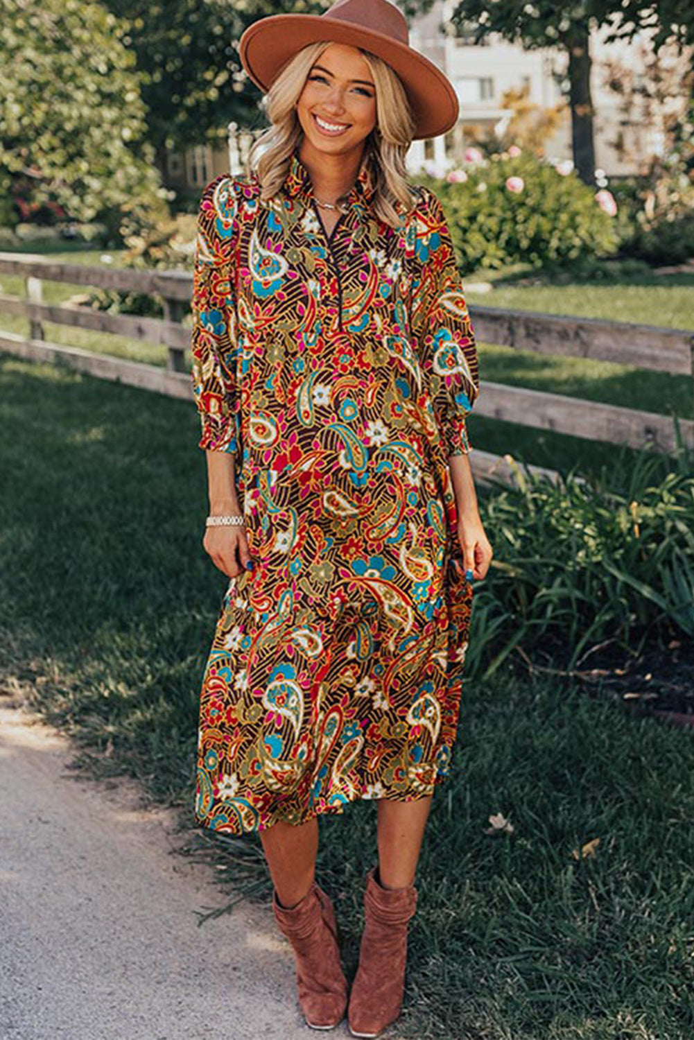 Yellow Paisley Abstract Print Collared 3/4 Sleeve Midi Dress - Eloy Royal