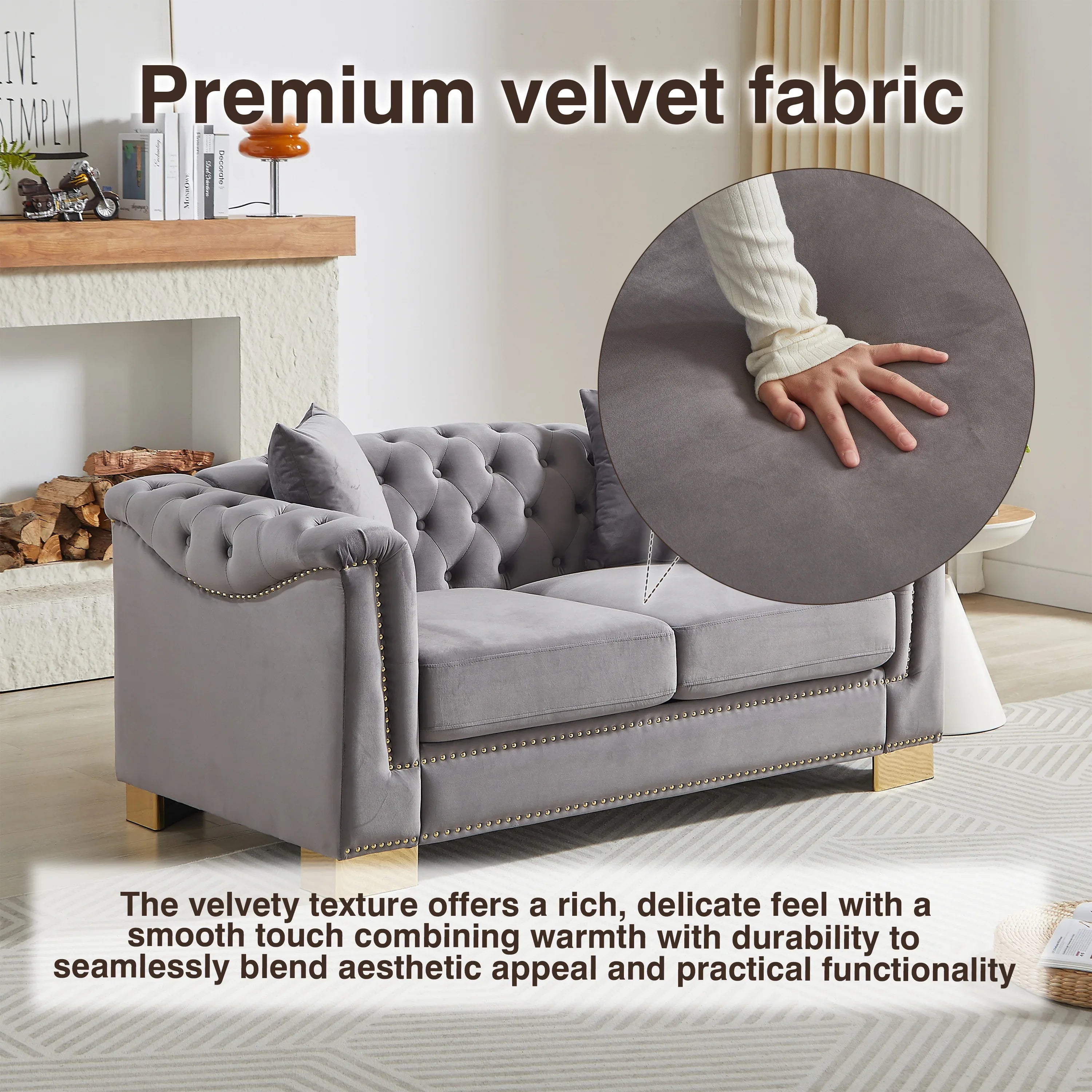 {Video] Classic Modern Style Sofa, 62-inch Chesterfield Classic Rolled Arm Tucked-in Nailhead Decor Cloud Two-Seater Velvet Sofa, Luxury Double Sofa Suitable for Living Room, Bedroom, Apartment, Grey - Eloy Royal