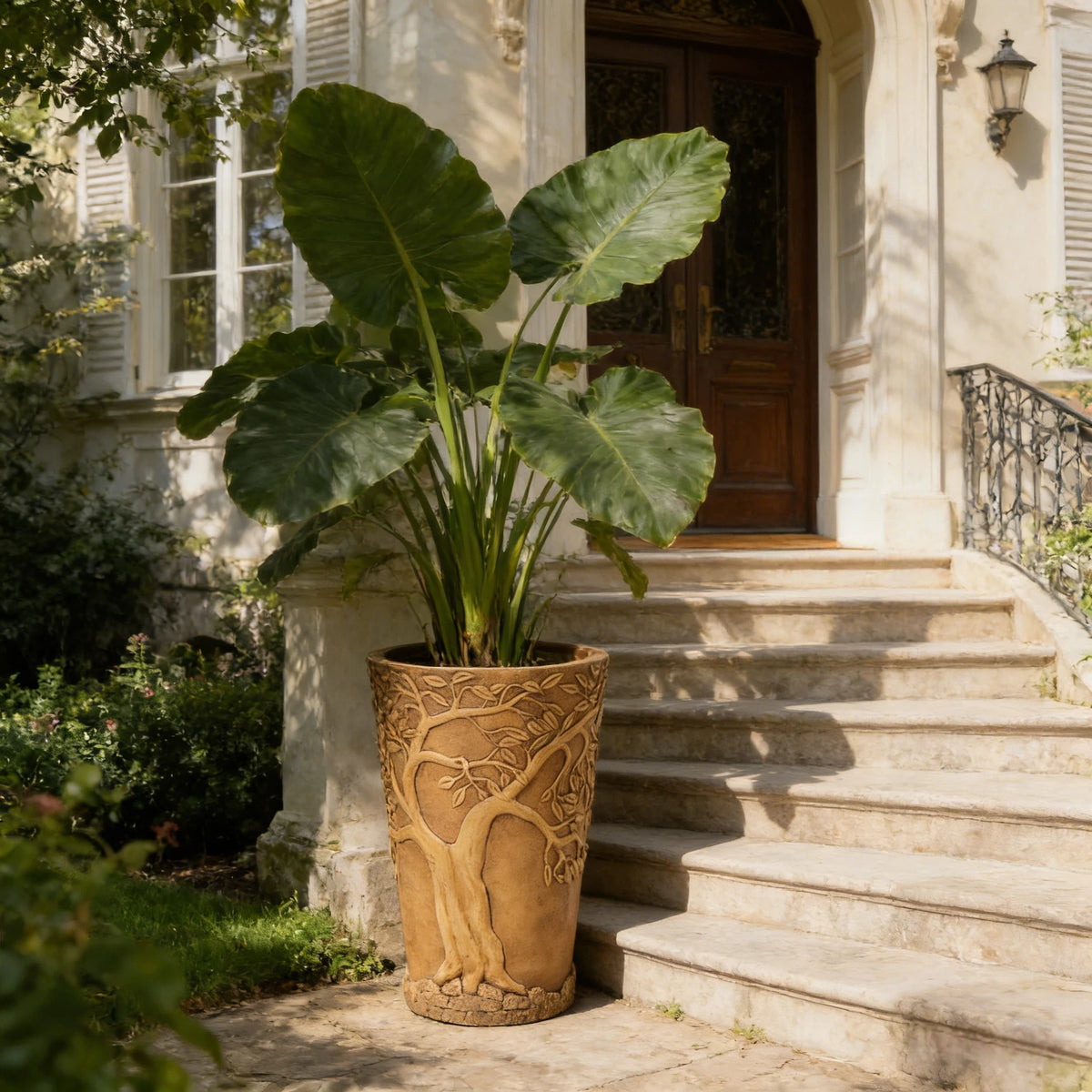 Tall Antique Bronze Tree-Embossed MGO Planter - Indoor Outdoor Decorative Plant Pot with 3D Tree of Life Texture, Weatherproof Tall Cylindrical Container for Large Plants & Shrubs