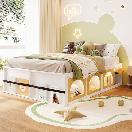 Queen Size Wooden Platform Bed with Bookshelf with Display Cabinet