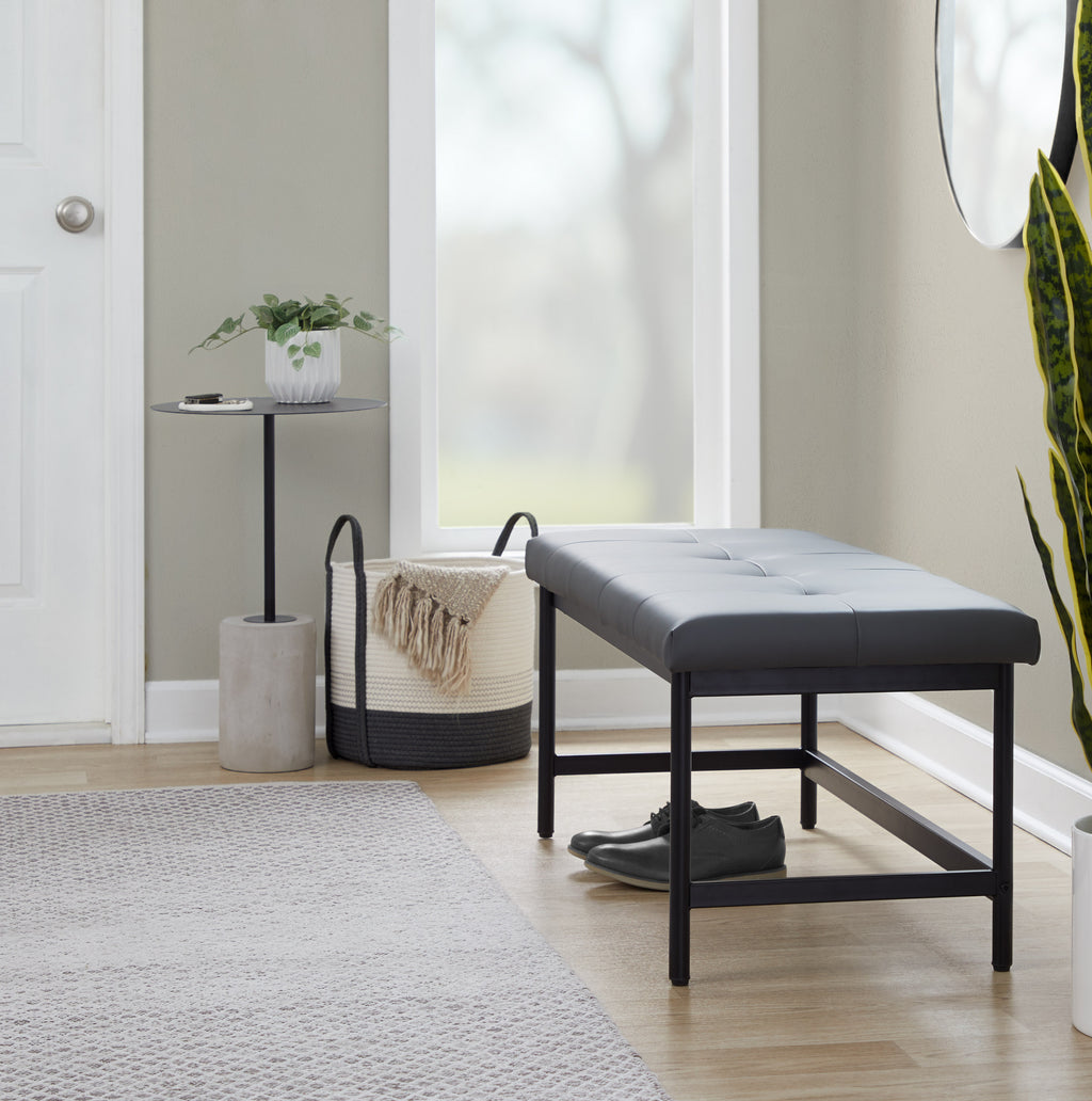 Bench in Black Metal and Grey Faux Leather