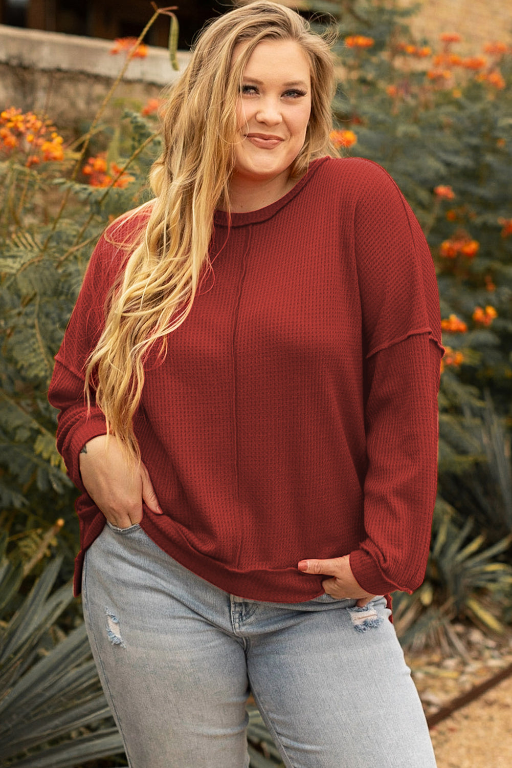 Gold Flame Exposed Seam Detail Waffle Knit Plus Size Top - Eloy Royal