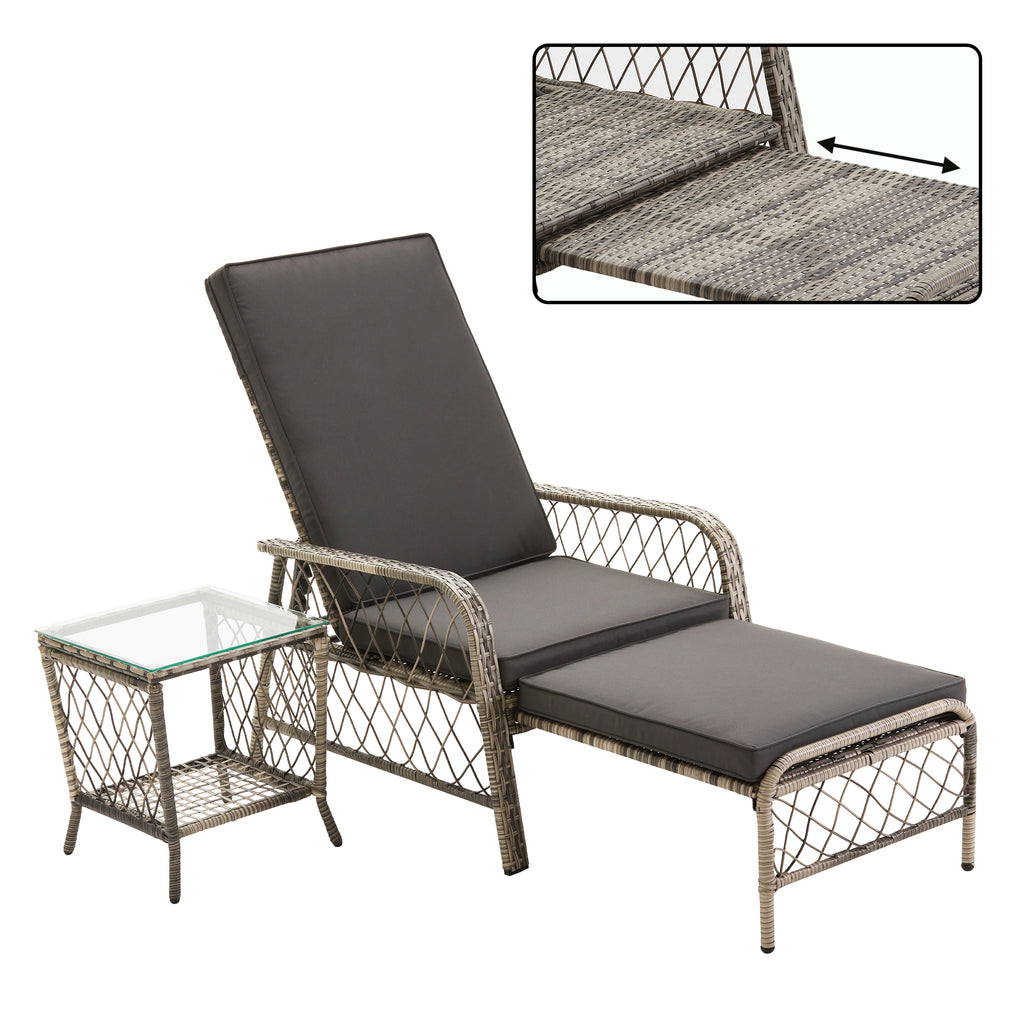 Chaise Lounge Chair, Outdoor Rattan Lounge Chair with Glass Table,Pull-Out Lounge Chair with Soft Cushions,Grey