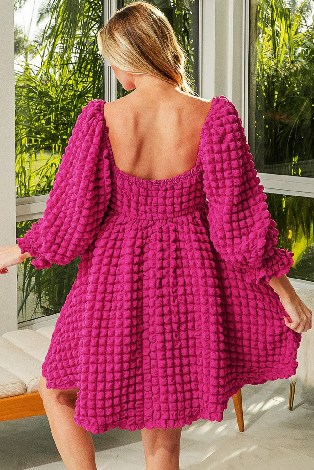 Strawberry Pink Bubble Textured Square Neck Babydoll Dress - Eloy Royal