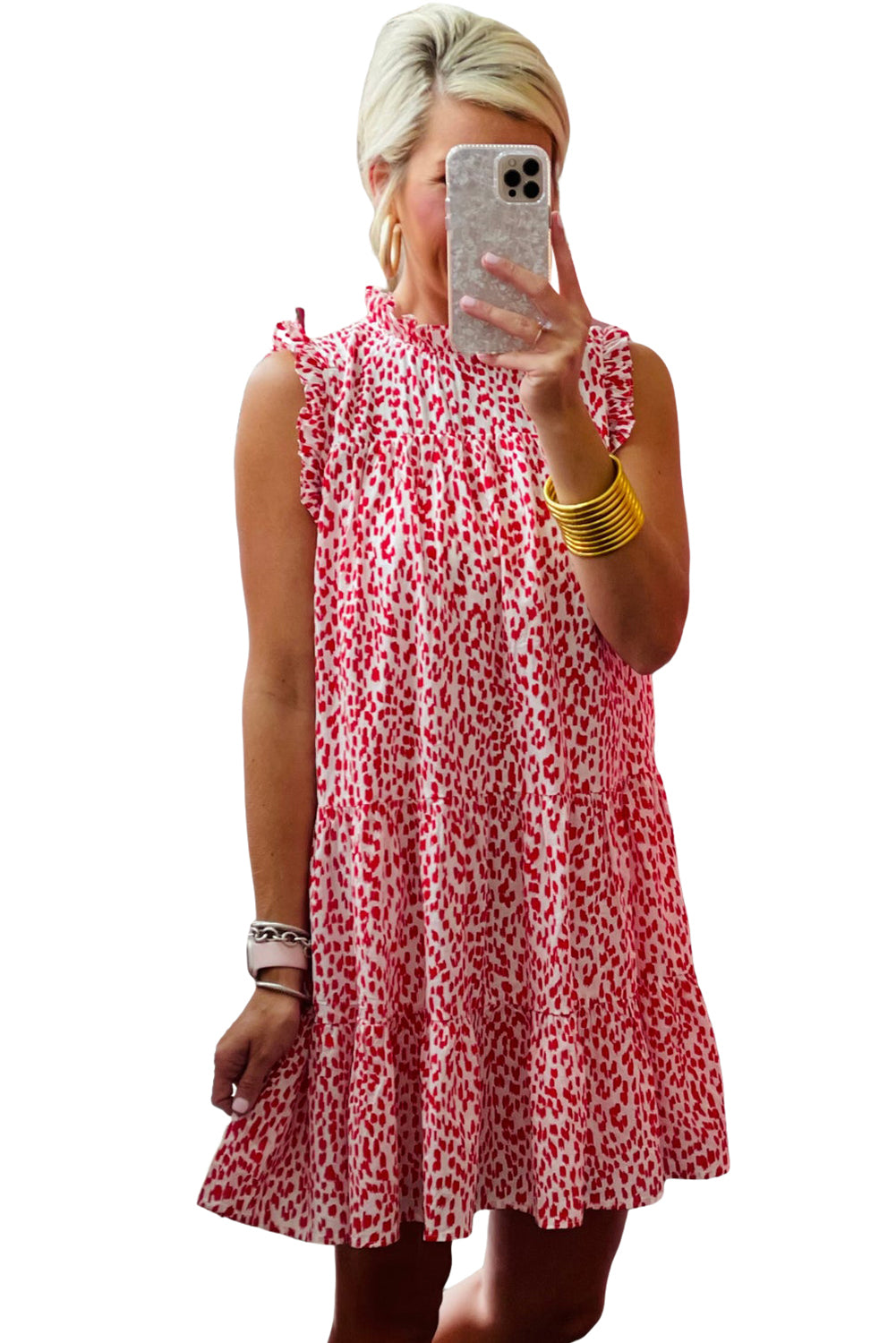 Pink Leopard Frilled Neck Shift Sleeveless Tank Short Dress - Eloy Royal