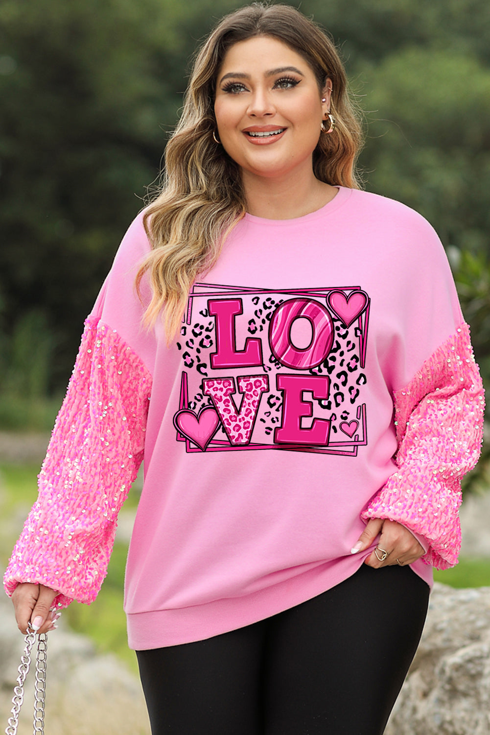 Wholesale Pink Plus Size Leopard LOVE Graphic Sequin Sleeve Sweatshirt - Eloy Royal