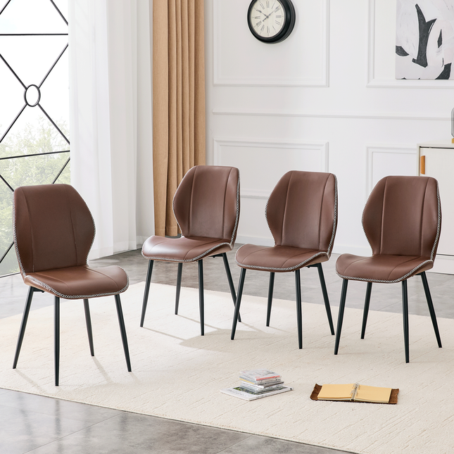 4-Pack Brown Coffee Color Light Luxury Household PU Leather Dining Chairs. Multiple colors available, with black metal legs and adjustable feet, suitable for dining room, study & office ,etc.