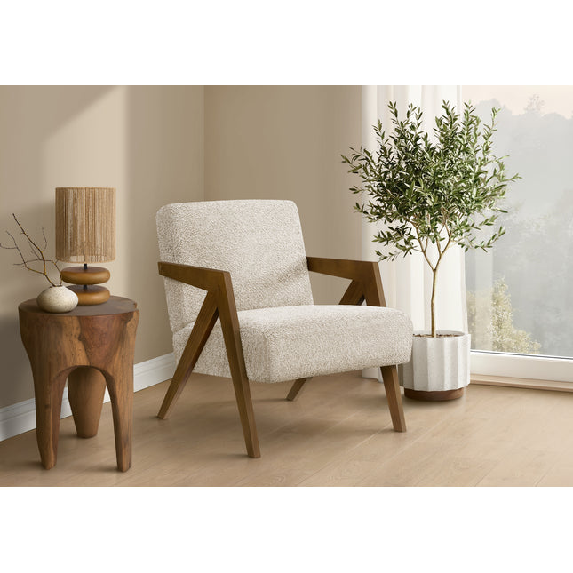 Accent Chair, 30'h, Upholstered, Living Room, Bedroom, Cream Fabric, Brown Walnut Solid Wood, Modern, Mid Century
