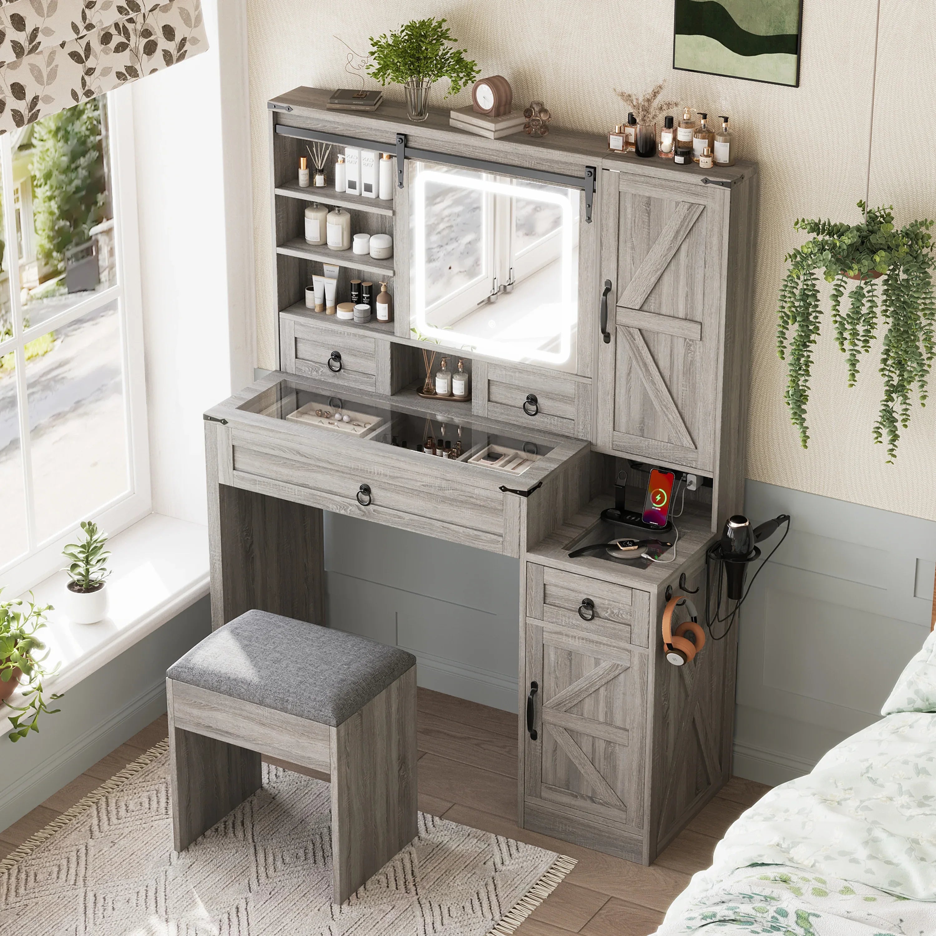 Farmhouse Vanity Desk with Sliding Mirror and Lights, Vanity Set with Glass Top and Charging Station ,Dressing Table with 4 Drawers and 2 Cabinets, Dressing Table with Stool for Bedroom, Gray - Eloy Royal