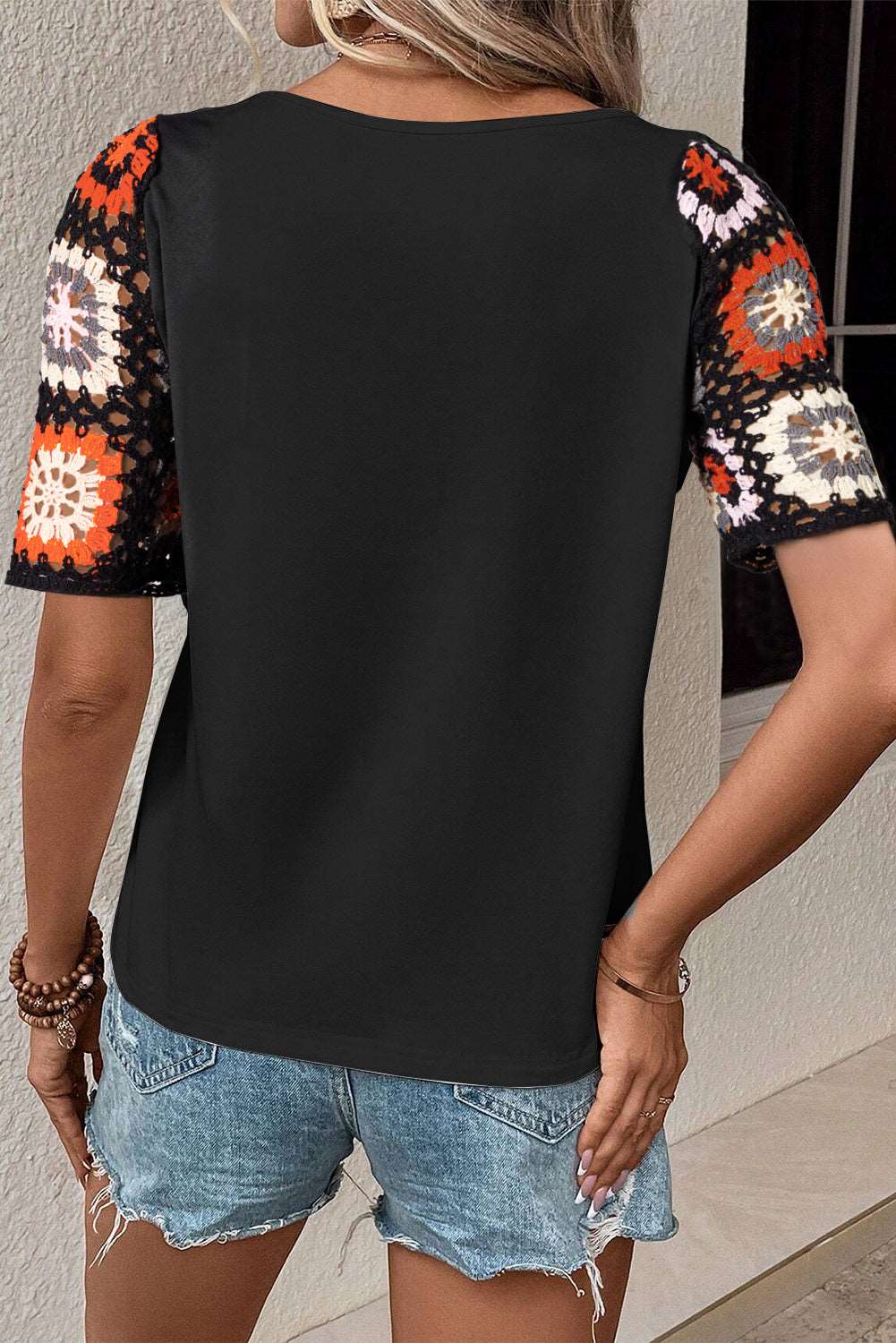 Black Floral Hollowed Crochet Sleeve Boho Blouse