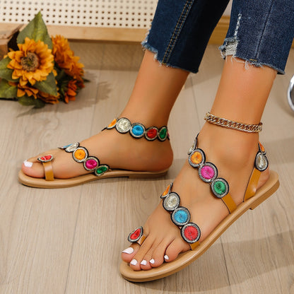 Fashion Peacock Embroidery Pattern Flat Sandals Summer Vacation Casual Clip Toe Beach Shoes For Women - Eloy Royal