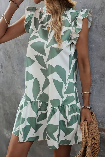 Moonlight Jade Plants Print Round Neck Loose Ruffle Sleeve Dresses - Eloy Royal