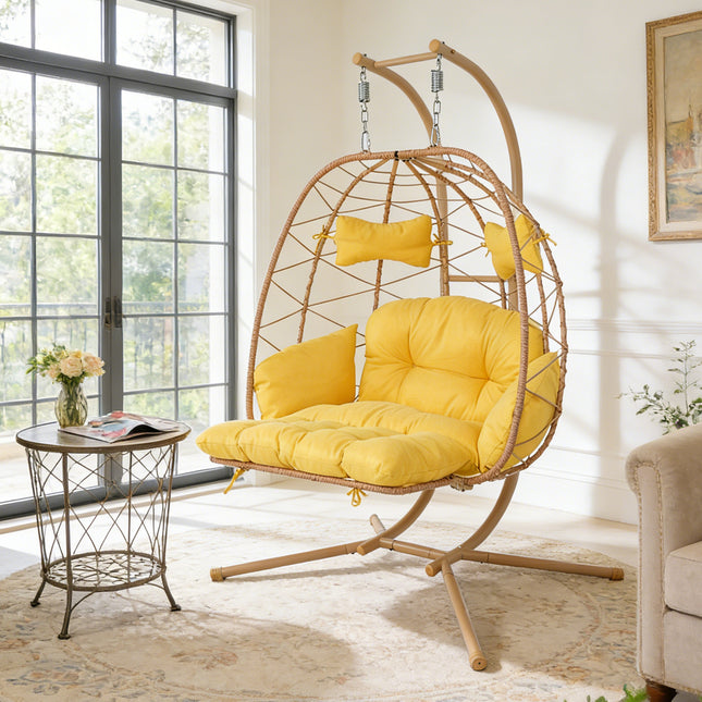 2 Person Hanging Egg Chair with Stand, Double Outdoor Wicker Swing Chair with Adjustable Footrest & Thickened Cushions for Patio Garden Balcony