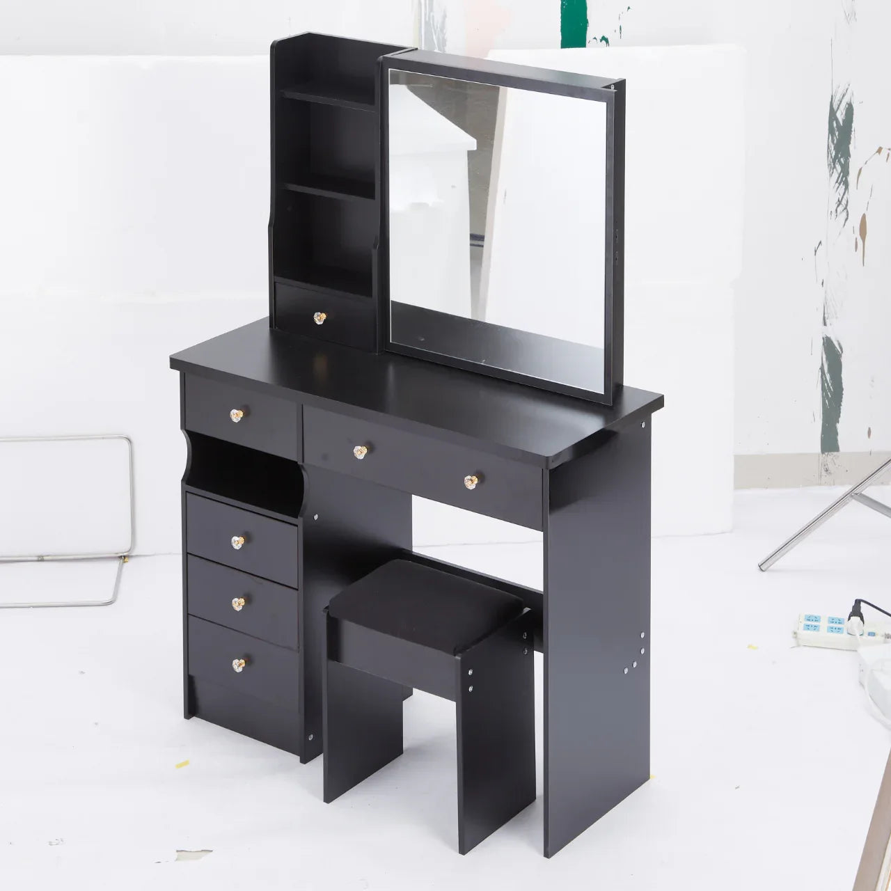 37' Middle Size Left Drawer Desktop Vanity Table + Cushioned Stool, Extra Large Right sliding mirror, Multi Layer High Capacity Storage, Practical Fashionable Dresser, Suitable For Large Space - Eloy Royal