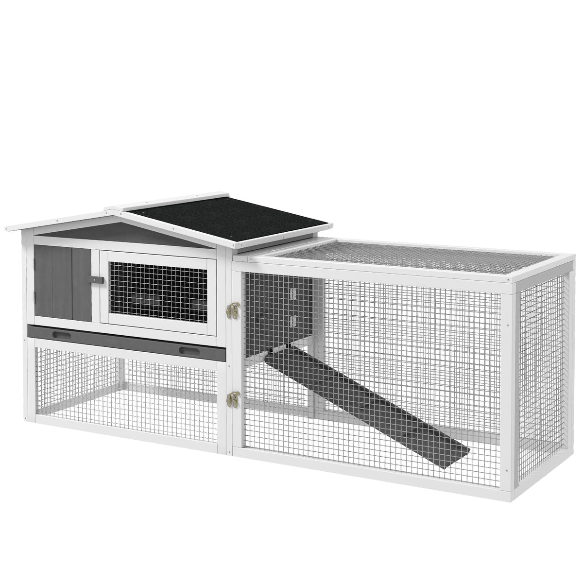 PawHut Rabbit Hutch 2-Story Bunny Cage Small Animal House with Slide Out Tray, Detachable Run, for Indoor Outdoor, 61.5' x 23' x 27', Light Gray