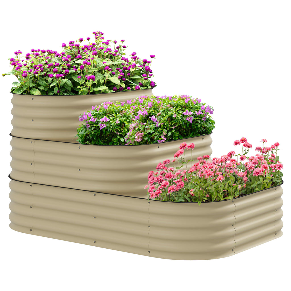 Outsunny 3-Tier Galvanized Steel Raised Garden Bed Kit, 62.25' x 43' x 32.25', 3 Combining Planter Boxes with Rubber Strip Edging, Open Bottom for Backyard, Garden, Patio, Cream White