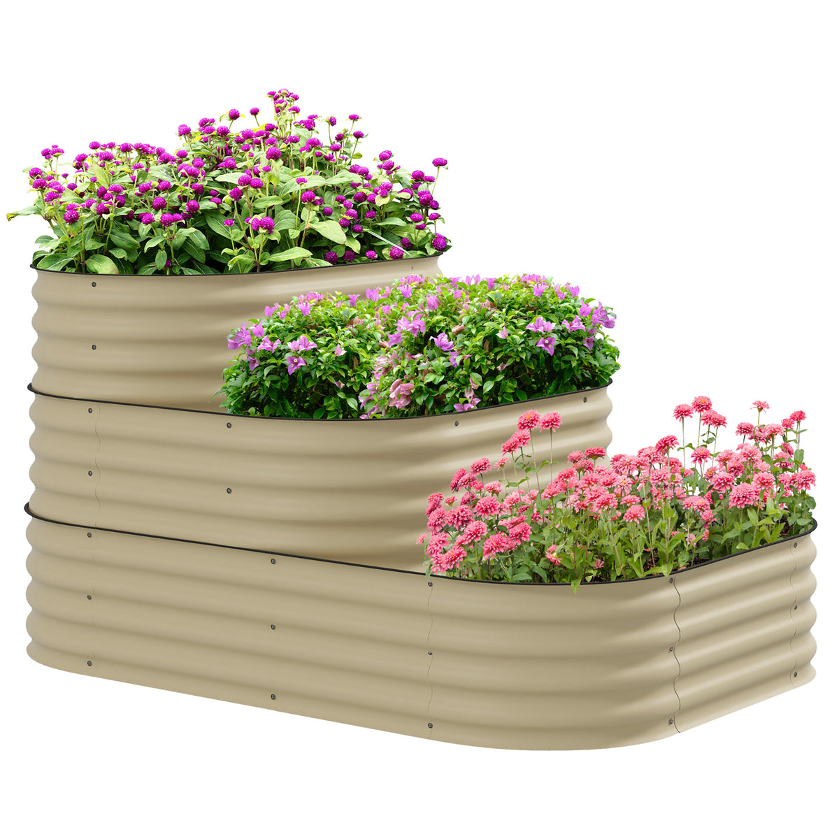 Outsunny 3-Tier Galvanized Steel Raised Garden Bed Kit, 62.25' x 43' x 32.25', 3 Combining Planter Boxes with Rubber Strip Edging, Open Bottom for Backyard, Garden, Patio, Cream White