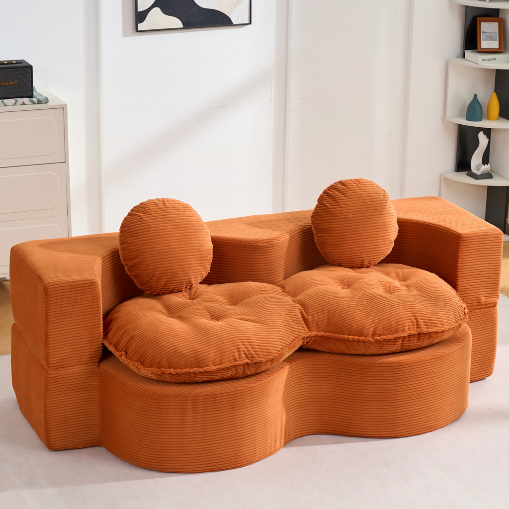 Convertible Sleeper Sofa, Modern Folding Futon Corduroy Floor Foam Compression Loveseat Sofa Bed Couch, Foldable Full Size Guest Bed with 2 Pillows for Living Room Bedroom Apartment, Orange