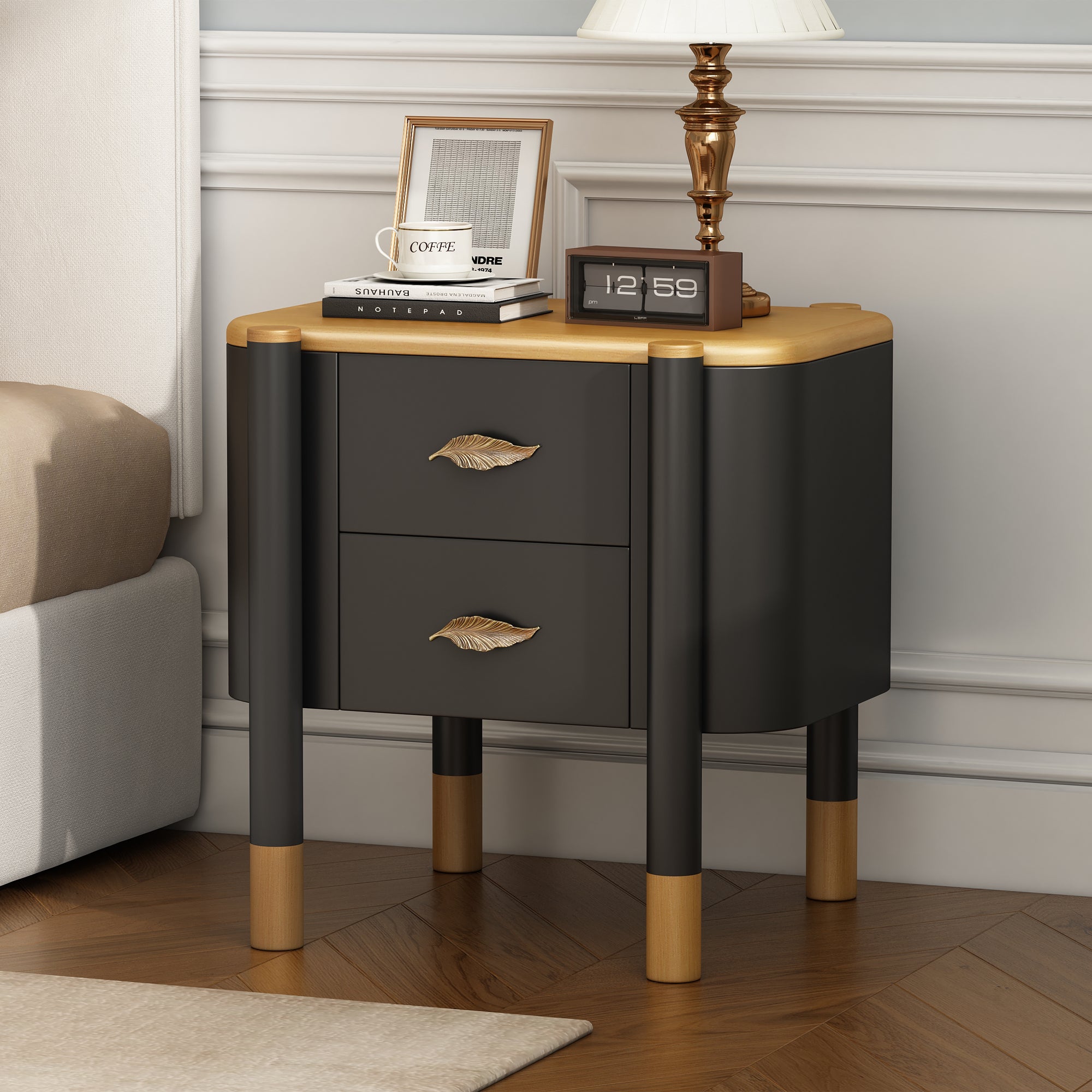 Contemporary 2 Drawers Nightstand with Curved Profile Design, Bedside Table with Metal Feather-Shaped Handles and Exposed Legs, End Table for Living Room and Bedroom, Easy Assembly, Black