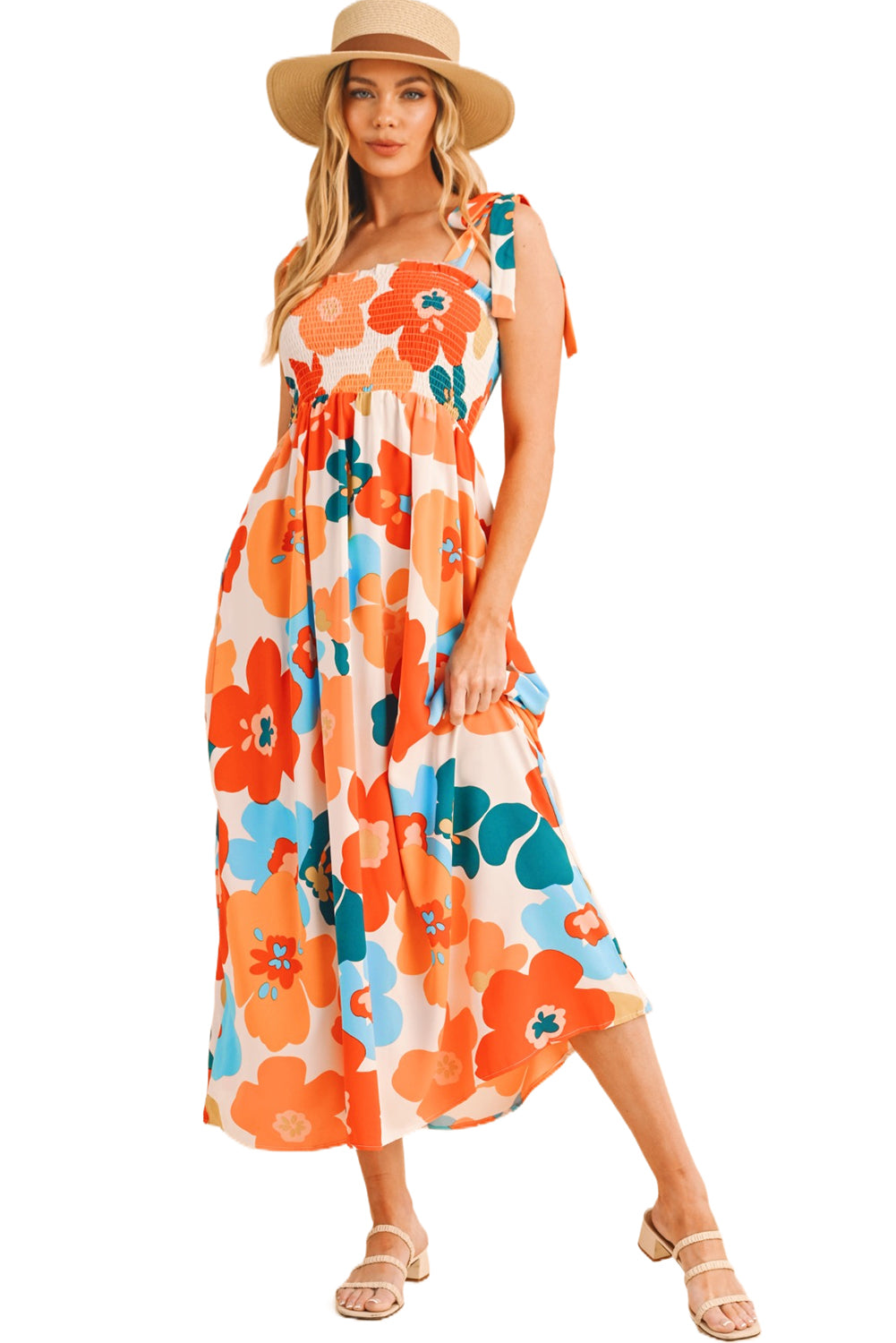 Orange 60s Floral Printed Shoulder Tie Smocked Maxi Dress - Eloy Royal