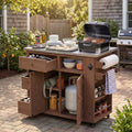 TOPMAX Outdoor Solid Wood Extendable 19.3''/28'' Kitchen Island, Stainless Steel Top Grill Table with Side Spice Rack, Kitchen Cart with Drawers, Storage Cabinet for Backyard, BBQ,Party, Brown