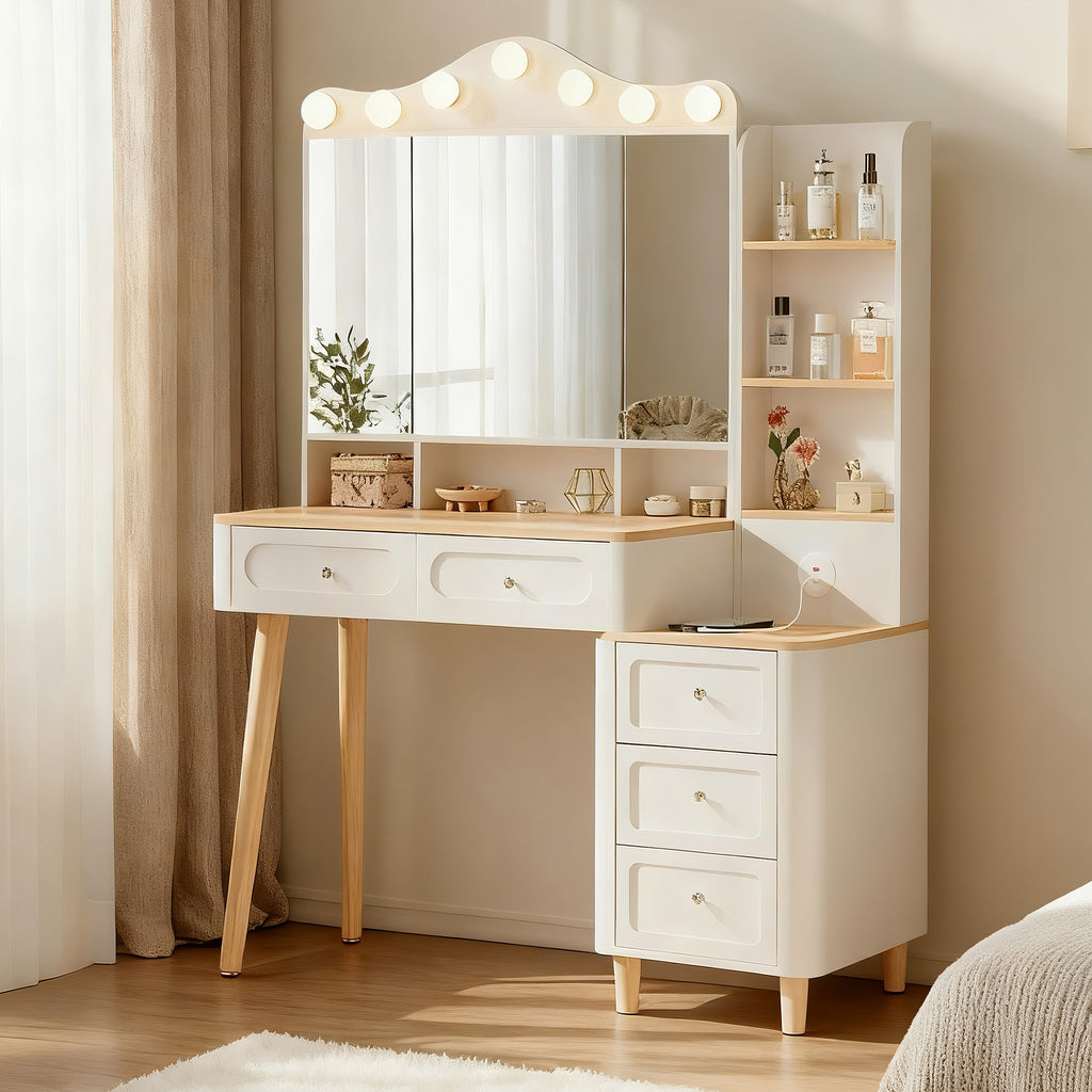 Vanity Desk with Mirror and Lights,Makeup Vanity with 2 USB Power Strip,Vanity Set with Two Drawers and Three-drawer Chest, 3 Lighting Modes Adjustable Brightness, Foldable Three-sided Mirror(White)