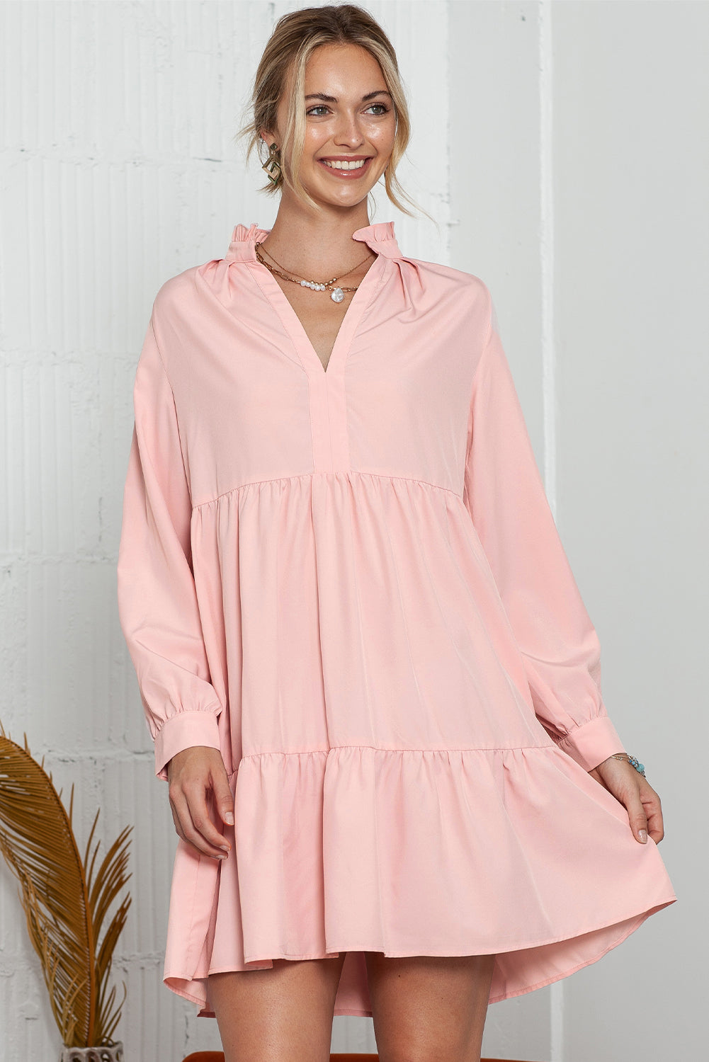 Pink Casual Stand V Neck Short Frill Dress - Eloy Royal