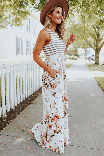 White Boho Stripes & Floral Print Floor Length Tank Dress - Eloy Royal