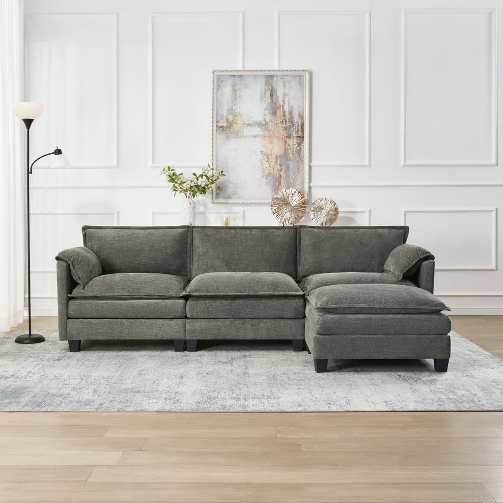 L-shaped corduroy corner sofa with storage armrest cushions, suitable for living room, office and spacious spaces