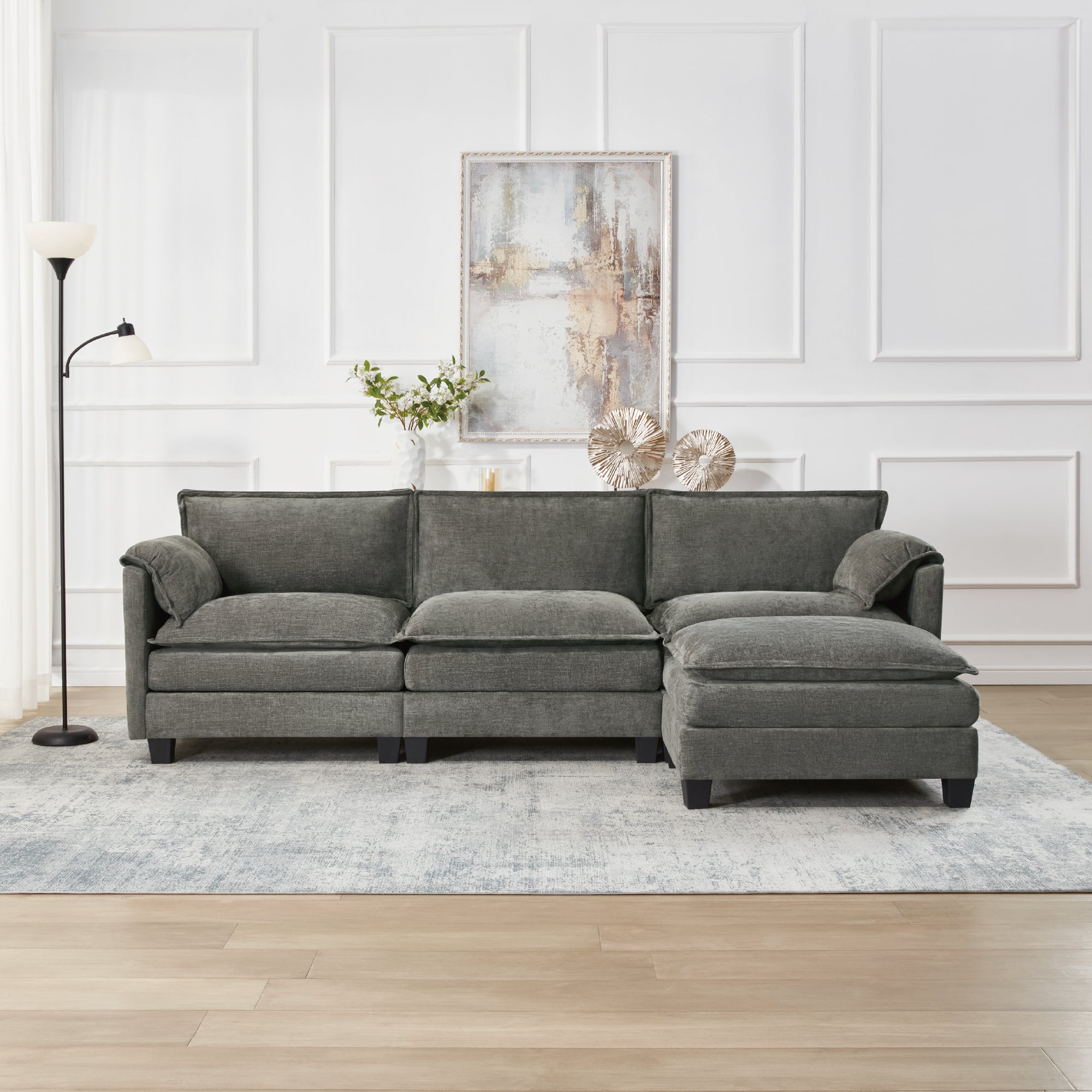 L-shaped corduroy corner sofa with storage armrest cushions, suitable for living room, office and spacious spaces