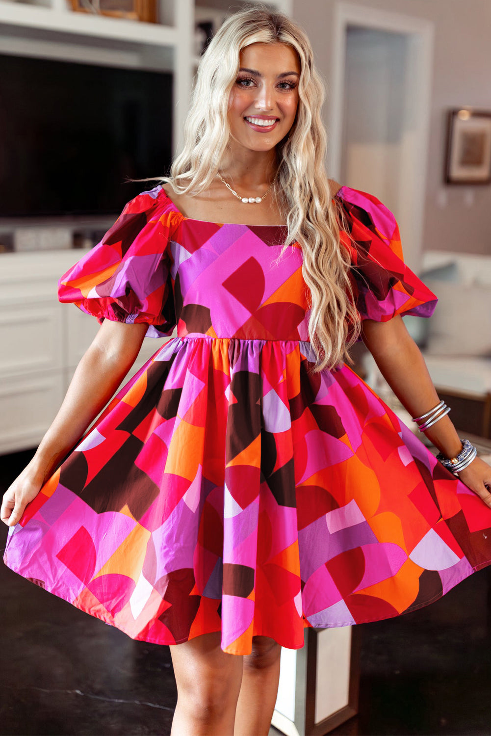 Red Abstract Print Square Neck Puff Sleeve Dress - Eloy Royal