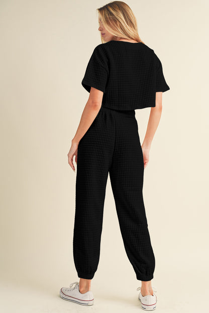 Black Textured Cropped Tee and Jogger Pants Set - Eloy Royal