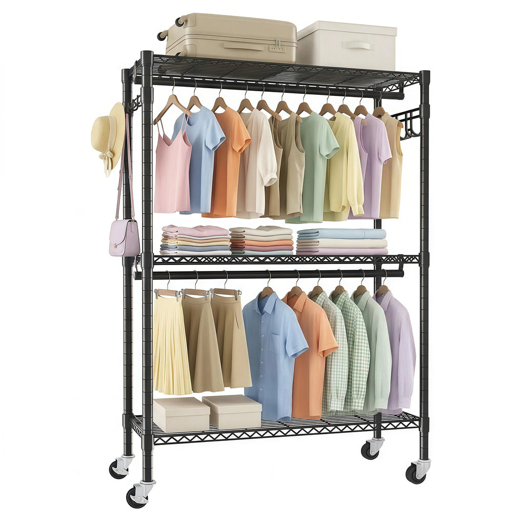 Rolling Clothes Rack, Heavy Duty Clothes Rack with Wheels, 3 Tiers Adjustable Wire Shelving Garment Rack with 2 Clothes Rods and Side Hooks,Freestanding Metal Clothing Rack,45''W×15.7''D×80.7''H,Black