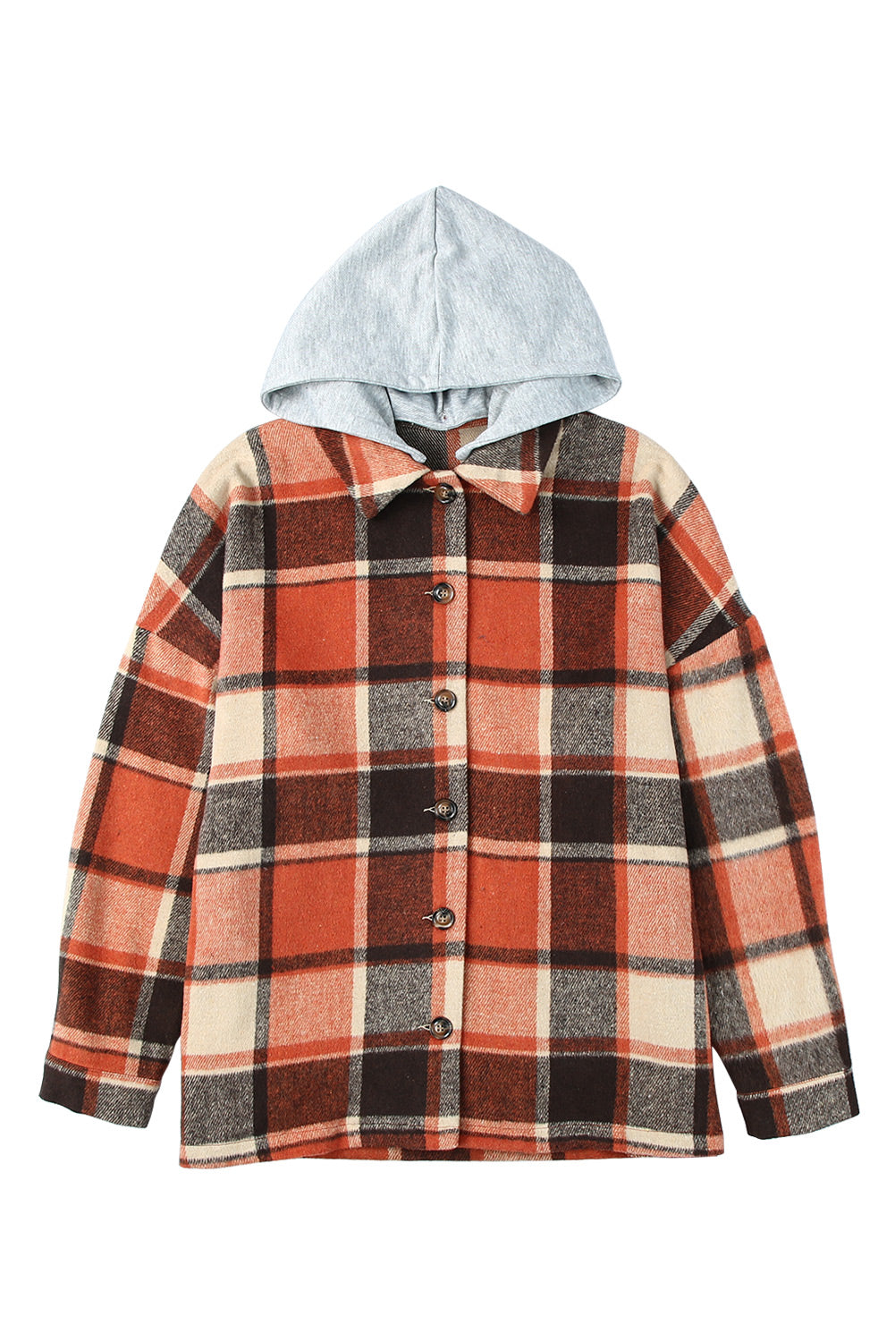 Orange Plaid Button Front Hooded Shacket - Eloy Royal