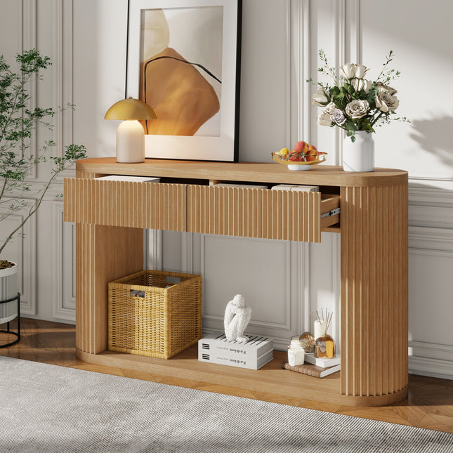 TREXM  Oval Fluted Console Table with 2 Drawers and Bottom Shelf, Wood Entryway Table with Smooth Metal Slides for Living Room, Entryway (Natural)
