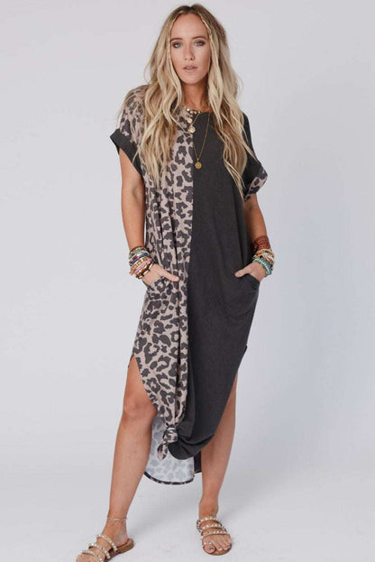 Black Leopard Patchwork Casual T-Shirt Dress With Slits