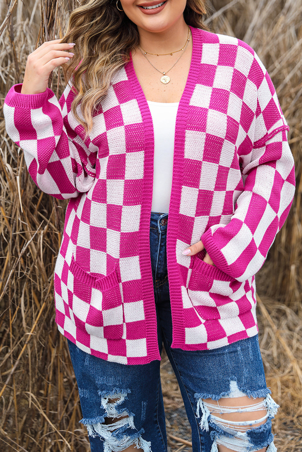 Bonbon Checkered Pattern Open Front Plus Size Cardigan - Eloy Royal