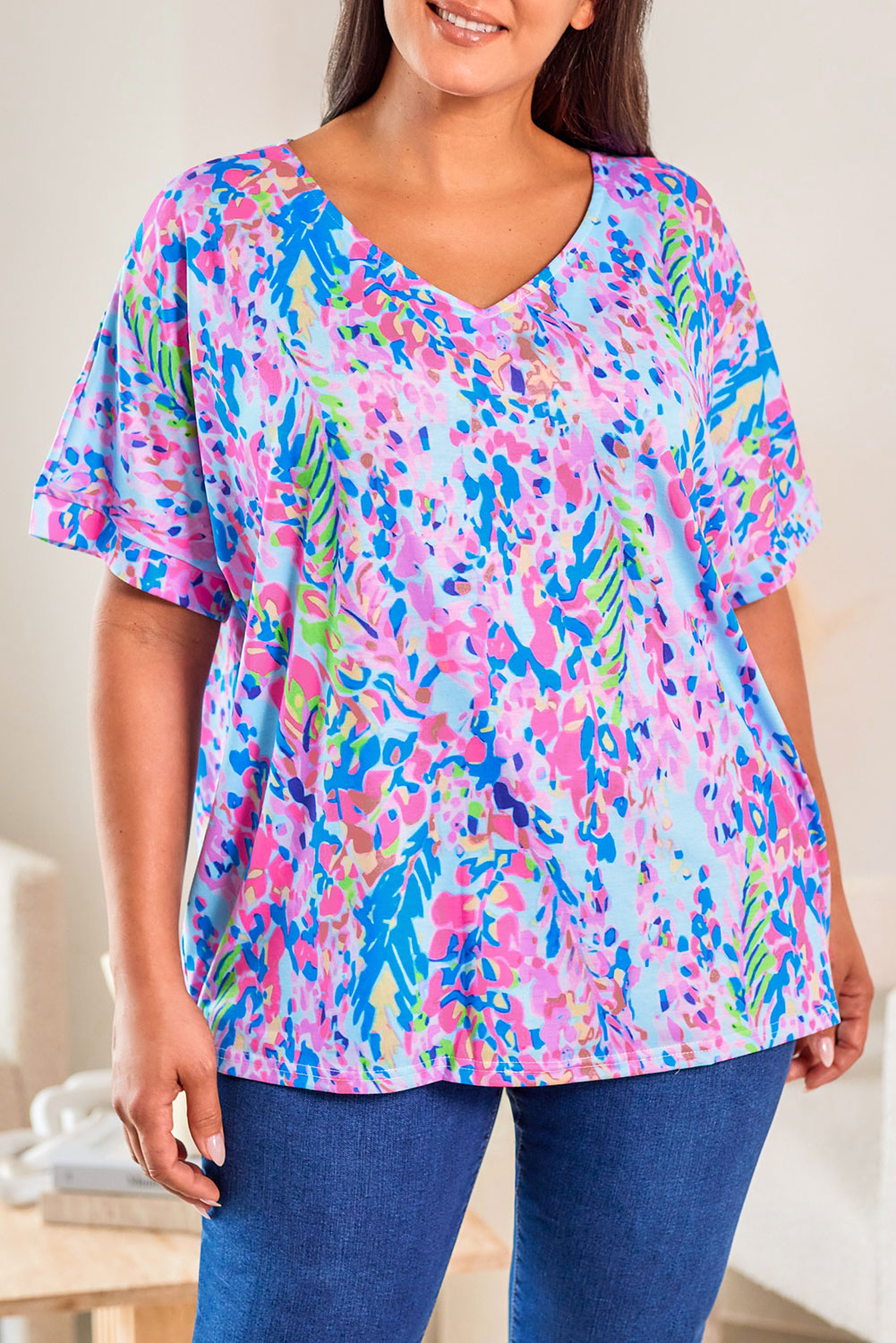 Sky Blue Plus Size Plant Print V Neck T-shirt - Eloy Royal